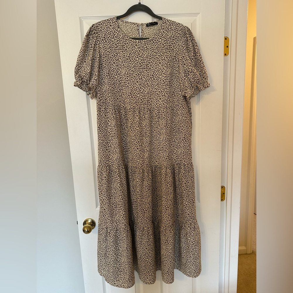 PrettyGarden Leopard Print Tiered Midi Dress - Size Large